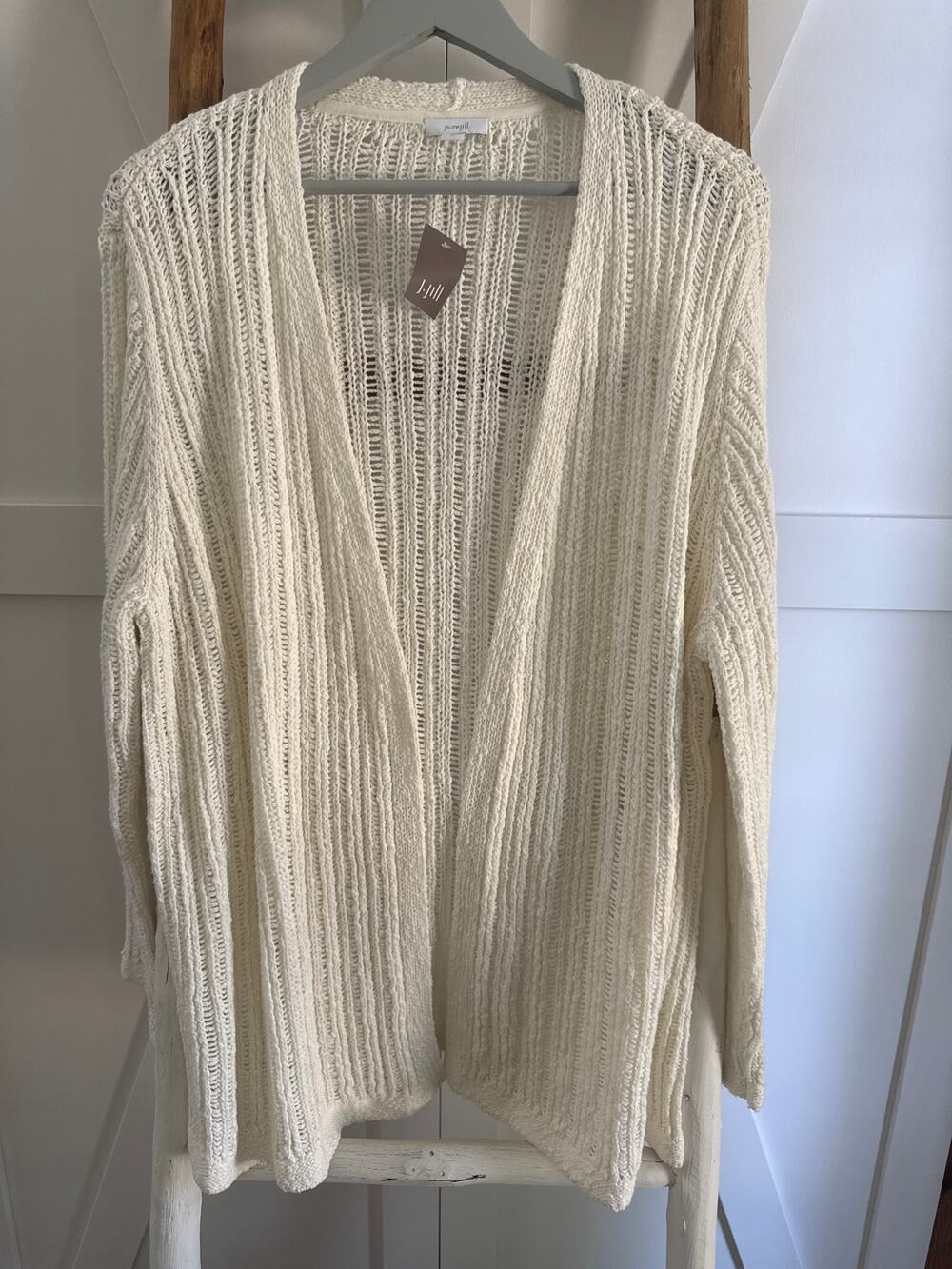 J.Jill Open Front Cardigan Sweater XL Cream Ivory Knit Pure Jill 100% Cotton